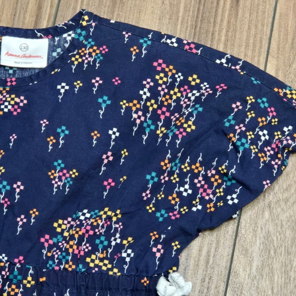 Hanna Andersson Kids Navy Blue Pixel Floral Cotton Dress Size 130 US 8 Short Slv - Picture 4 of 5
